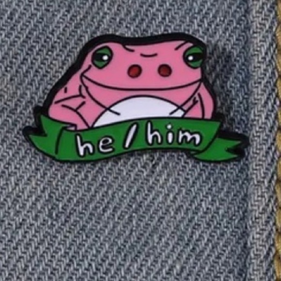 HE/HIM Frog Enamel Pin Bright Pink Mens Pronoun Lanyard Lapel Badge - Picture 3 of 8